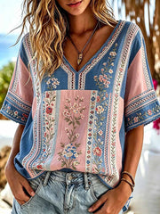 Women's Retro Floral and Lace Patchwork Striped Art V-Neck Top
