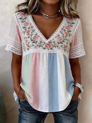Women's Retro Color-Blocked Floral Print Casual V-Neck Top