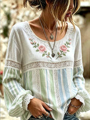 Women's Retro Floral and Lace Patchwork Striped Art Top