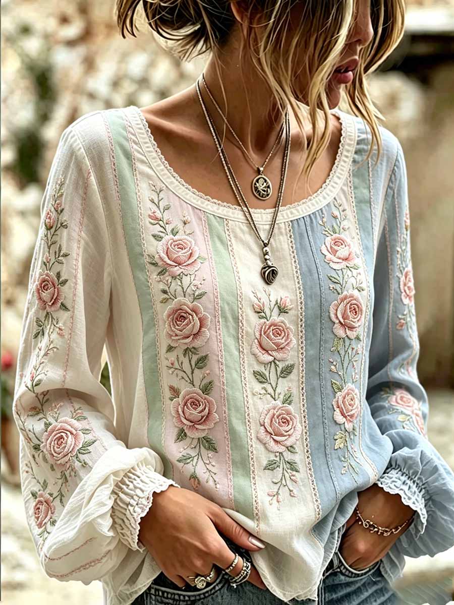Women's Retro Floral and Lace Patchwork Striped Art Top