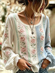Women's Retro Floral and Lace Patchwork Striped Art Top