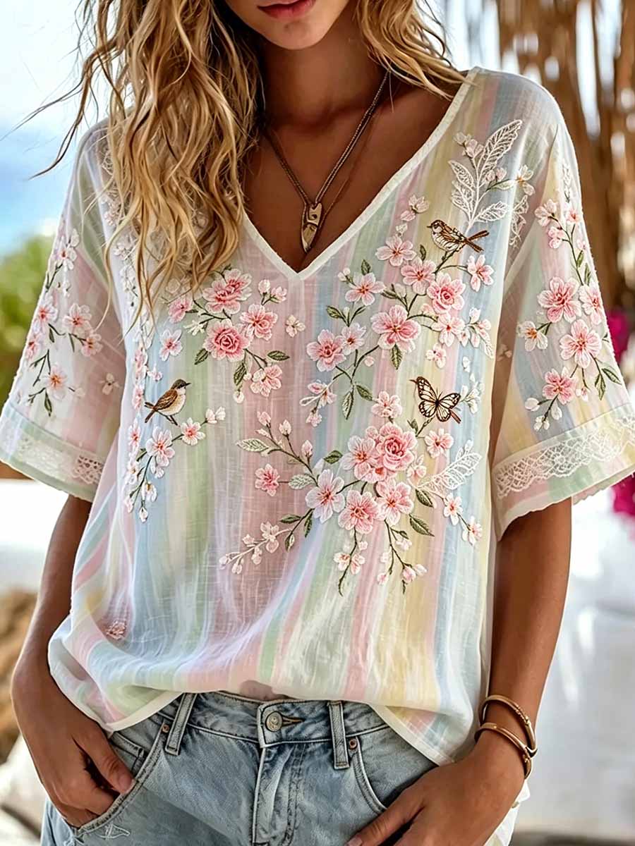 Women's Retro Floral and Lace Patchwork Striped Art V-Neck Top