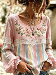 Women's Retro Floral and Lace Patchwork Striped Art Top