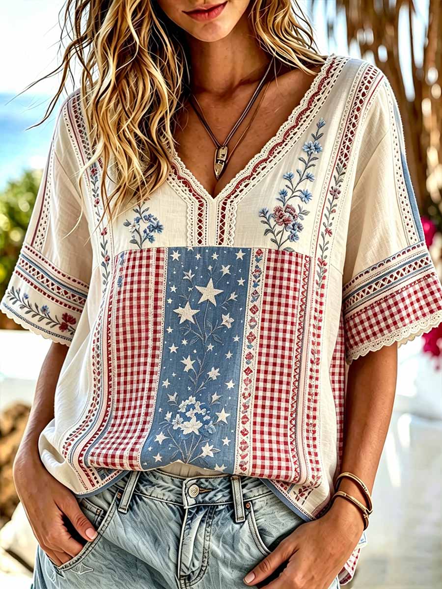 Women's Vintage Floral Collage Art American Commemorative Print Top