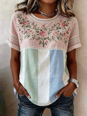 Women's Retro-Style Colorful Floral Patchwork Casual Cotton-Linen T-Shirt
