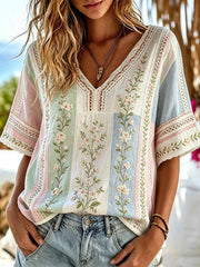 Women's Retro Floral and Lace Patchwork Striped Art V-Neck Top