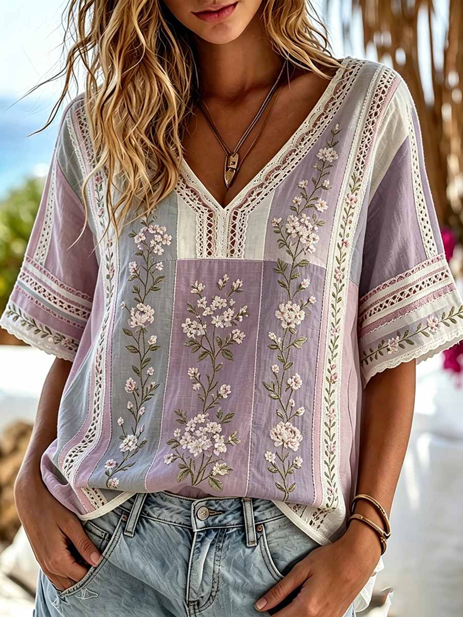 Women's Retro Floral and Lace Patchwork Striped Art V-Neck Top