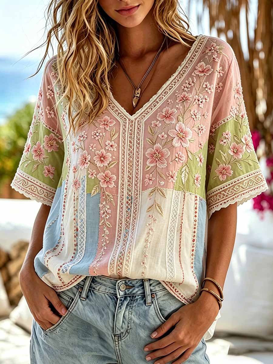 Women's Retro Floral and Lace Patchwork Striped Art V-Neck Top