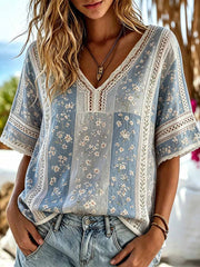 Women's Retro Floral and Lace Patchwork Striped Art V-Neck Top
