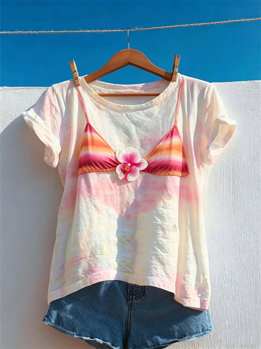 Women's Seaside Flower Gradient Bikini Print short-sleeved T-shirt