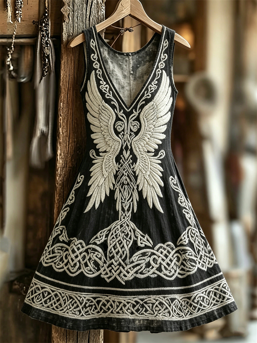 Women's Vintage Wings Viking Celtic Knot Print V-neck dress