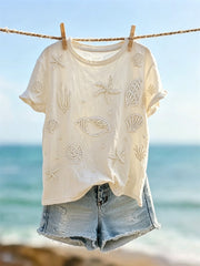 Women's Classy Starfish & Seashells Pearls Art Print short-sleeved T-shirt