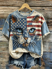 Women's Vintage Cat American Flag Fiber Art Print linen short-sleeved T-shirt