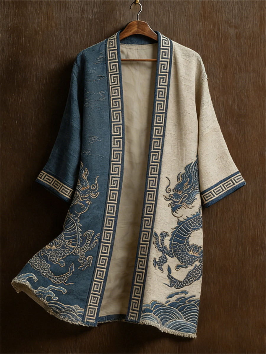Men's Japanese Dragons & Sea Waves Contrast Print Long Kimono Cardigan