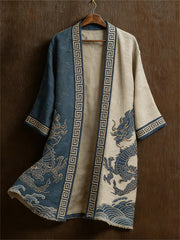 Men's Japanese Dragons & Sea Waves Contrast Print Long Kimono Cardigan