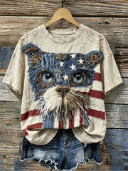Women's Lovely Cat American Flag Fiber Art Print linen short-sleeved T-shirt