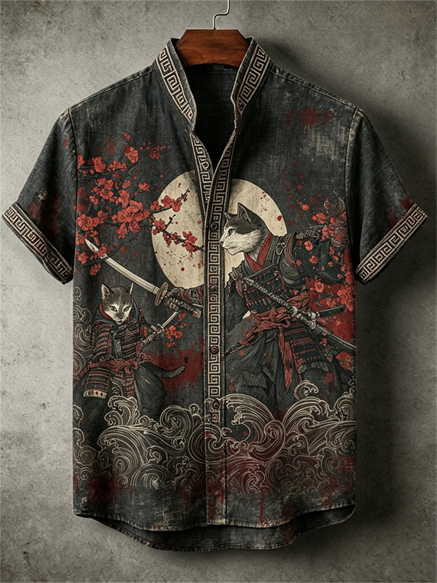 Men's Cat Samurai Duel Full Moon Bloody Japanese Art Print shirt