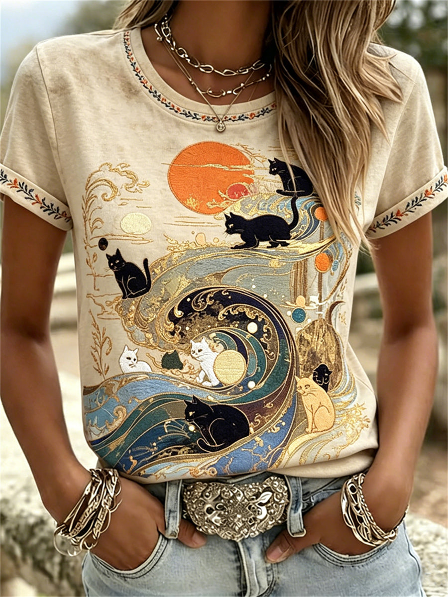 Women's Cats Sea Waves Sunrise Classy Japanese Art Print T-shirts