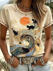 Women's Cats Sea Waves Sunrise Classy Japanese Art Print T-shirts