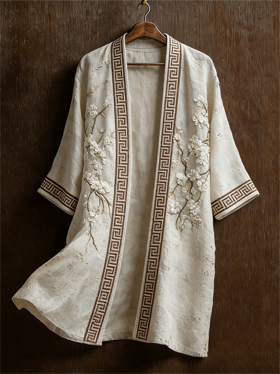 Men's Japanese Classy Almond Blossom Art Print Long Kimono Cardigan