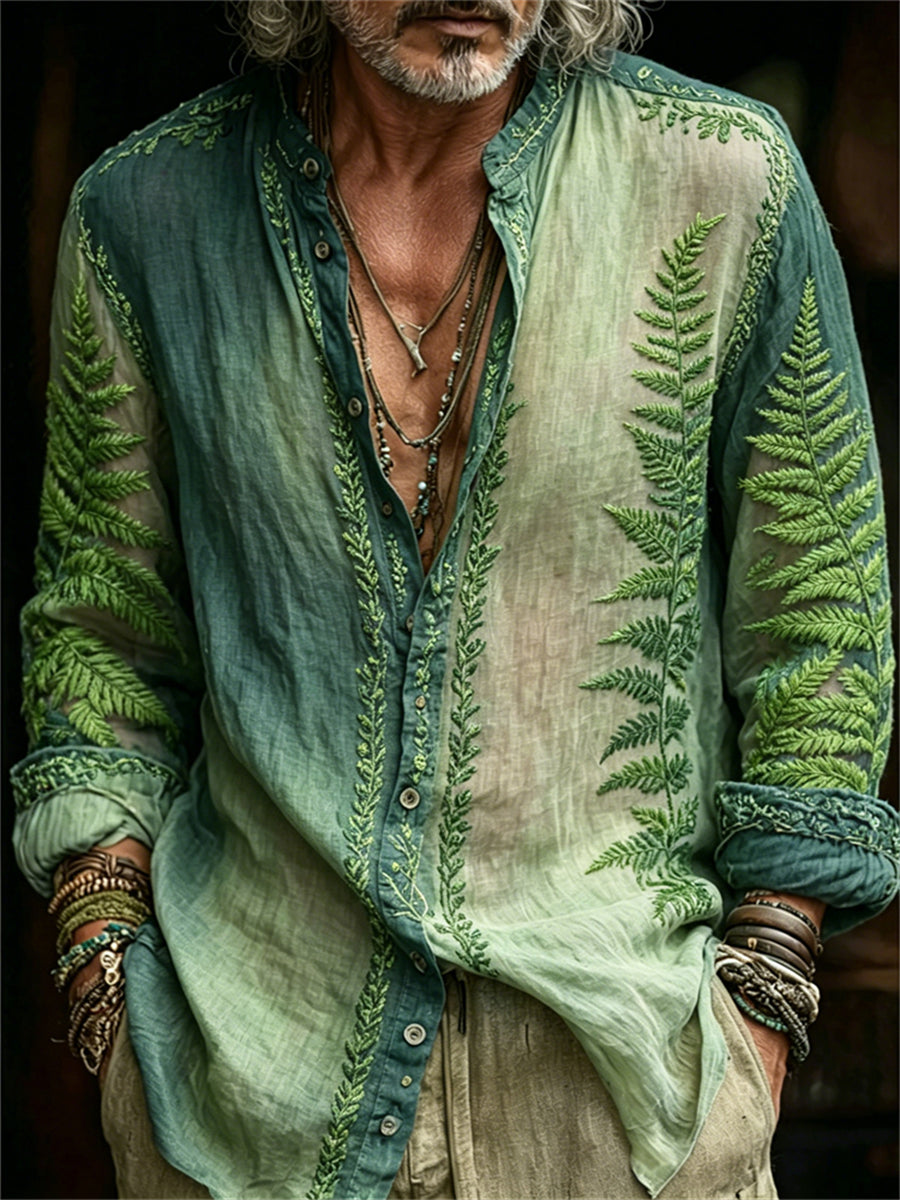 Men's Classy Forest Fern Print Contrast Gradient Shirt