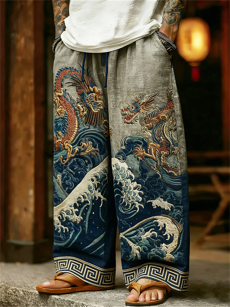 Men's Japanese Dragons Sea Waves Print Linen Pants