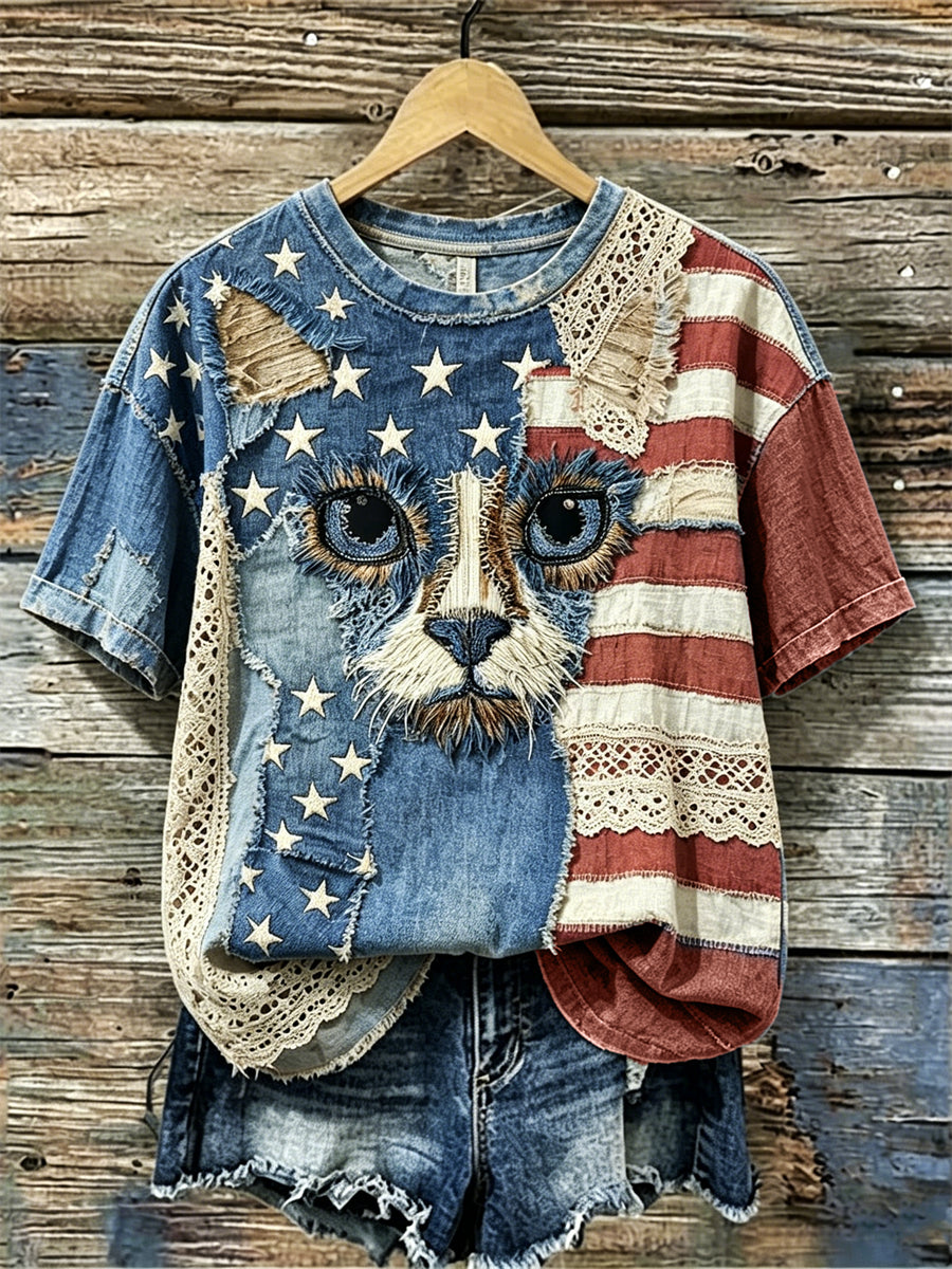 Women's Cat Face American Flag Fiber Art Print linen short-sleeved T-shirt