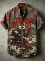 Men's Bloody Cat Samurai Sea Waves Japanese Art Print shirt