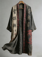 Men's Japanese Dragon Calligraphy Print Contrast Long Kimono Cardigan