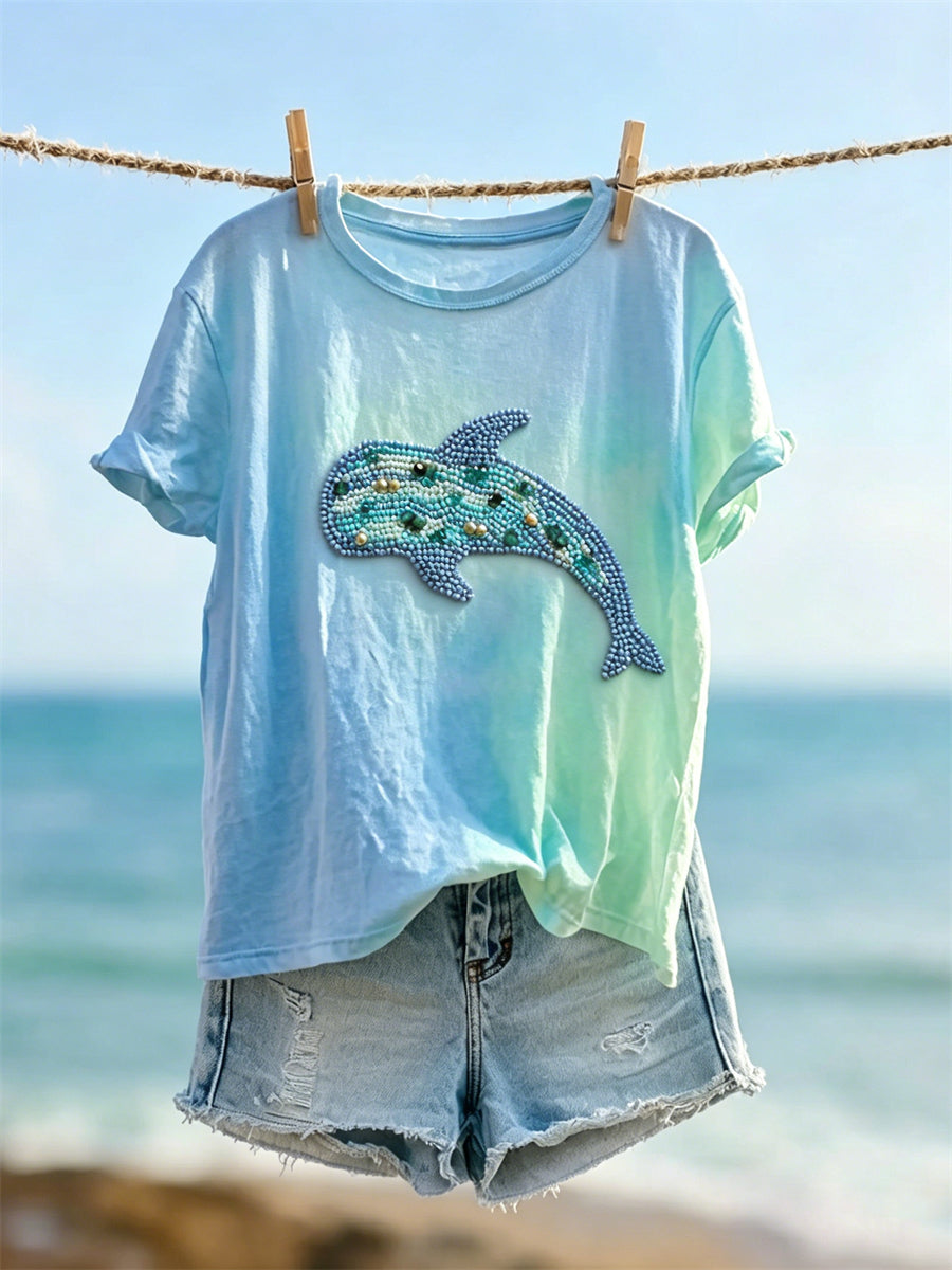 Women's Whale Beaded Art Print Gradient short-sleeved T-shirt