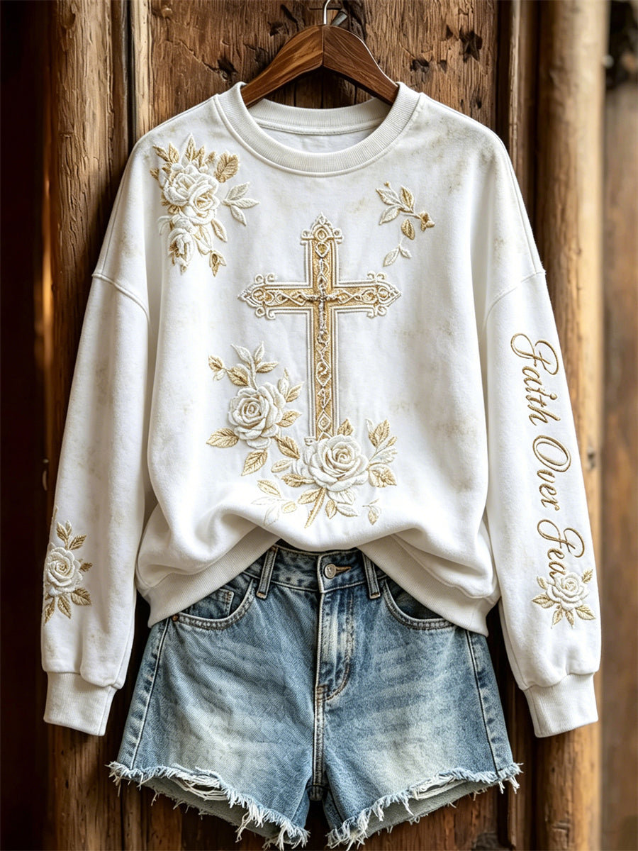 Women's Faith Over Fear White Roses Cross Print Sweatshirt