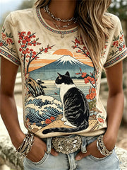 Women's Cat & Japanese Landscape Art Print T-shirts