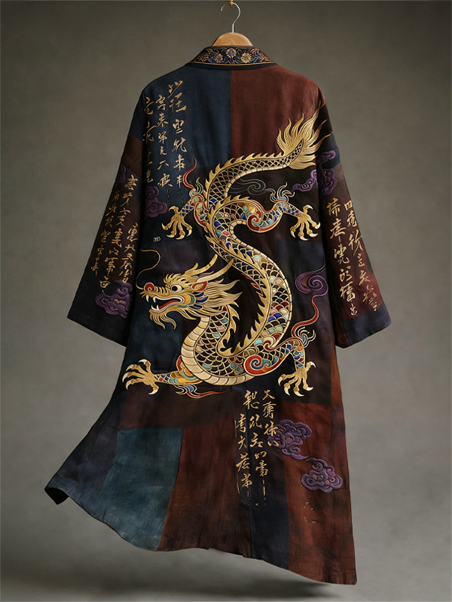 Men's Japanese Dragon Calligraphy Art Colorblock Print Long Kimono Cardigan