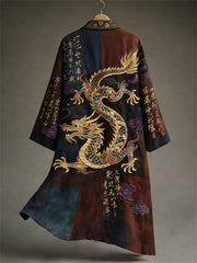 Men's Japanese Dragon Calligraphy Art Colorblock Print Long Kimono Cardigan