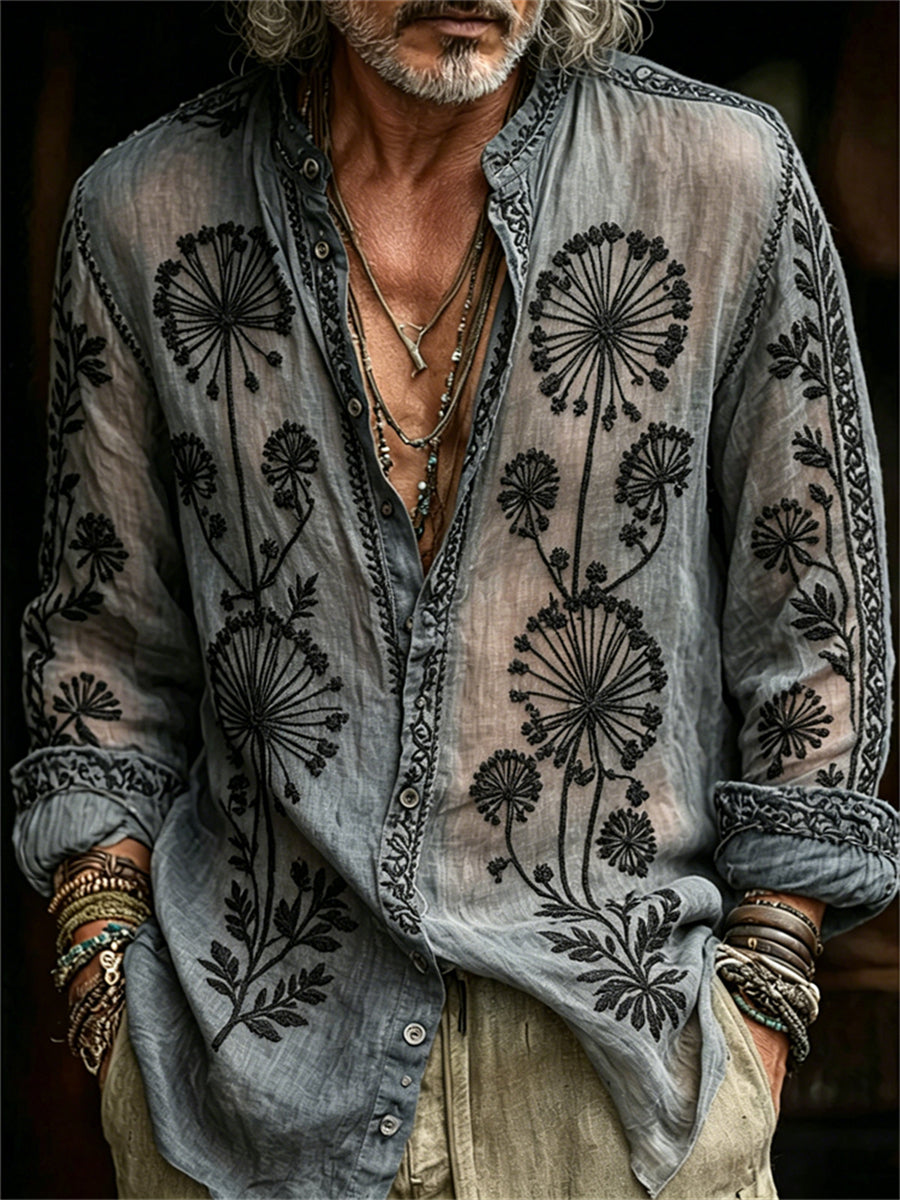 Men's Boho Forest Dark Dandelion Print Shirt