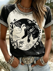 Women's Black and White Cats Cherry Blossom Japanese Lino Print T-shirts