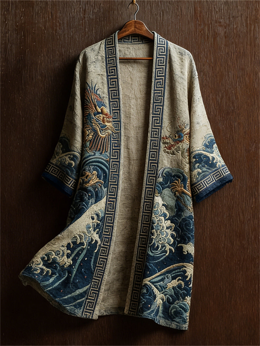 Men's Dragons & Sea Waves Japanese Traditional Print Long Kimono Cardigan