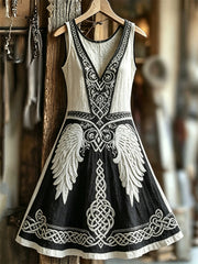 Women's Viking Wings Celtic Knot Print Contrast Color V-neck dress