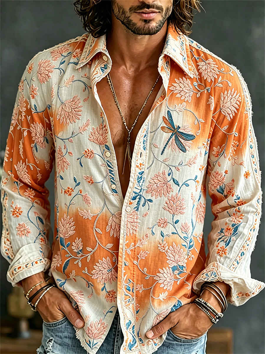 Men's Boho Dragonfly Floral Pattern Print Gradient Dyed Shirt