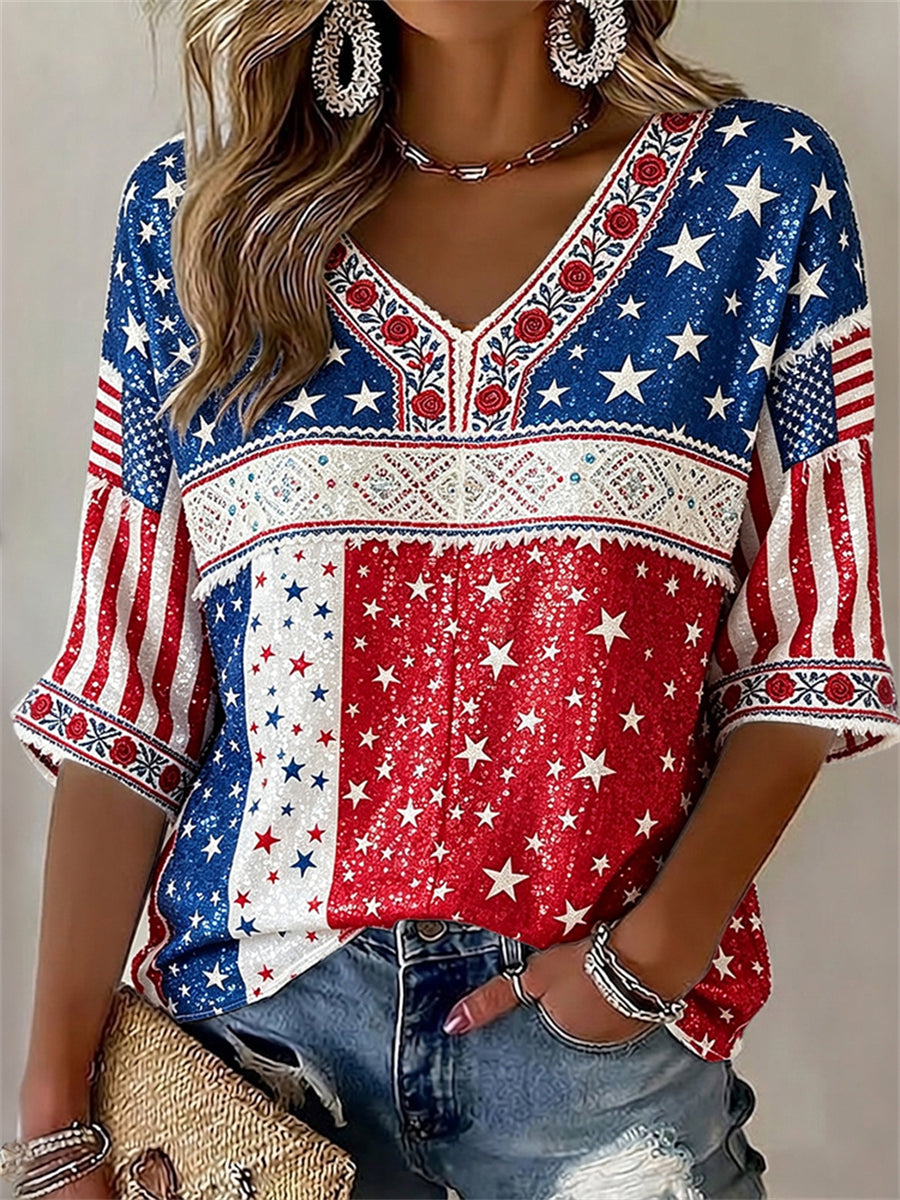 Women's Boho Roses American Flag Inspired Design Print Mid-length Sleeves V-Neck T-Shirt