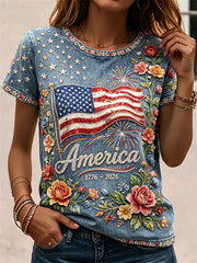 Women's America 1776-2026 Classy Glitter Floral Print short-sleeved T-shirt