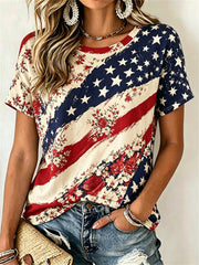 Women's Vintage Floral American Flag Art short-sleeved T-shirt
