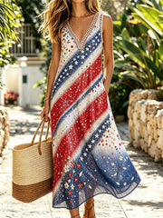 Women's America Flag Glitter Floral Art Print Flowy Maxi Dress