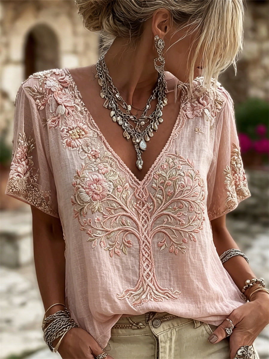 Women's Vintage Tree of Life Floral Print linen short-sleeved T-shirt