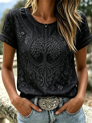 Women's Viking Tree Of Life Floral Lace Print linen short-sleeved T-shirt