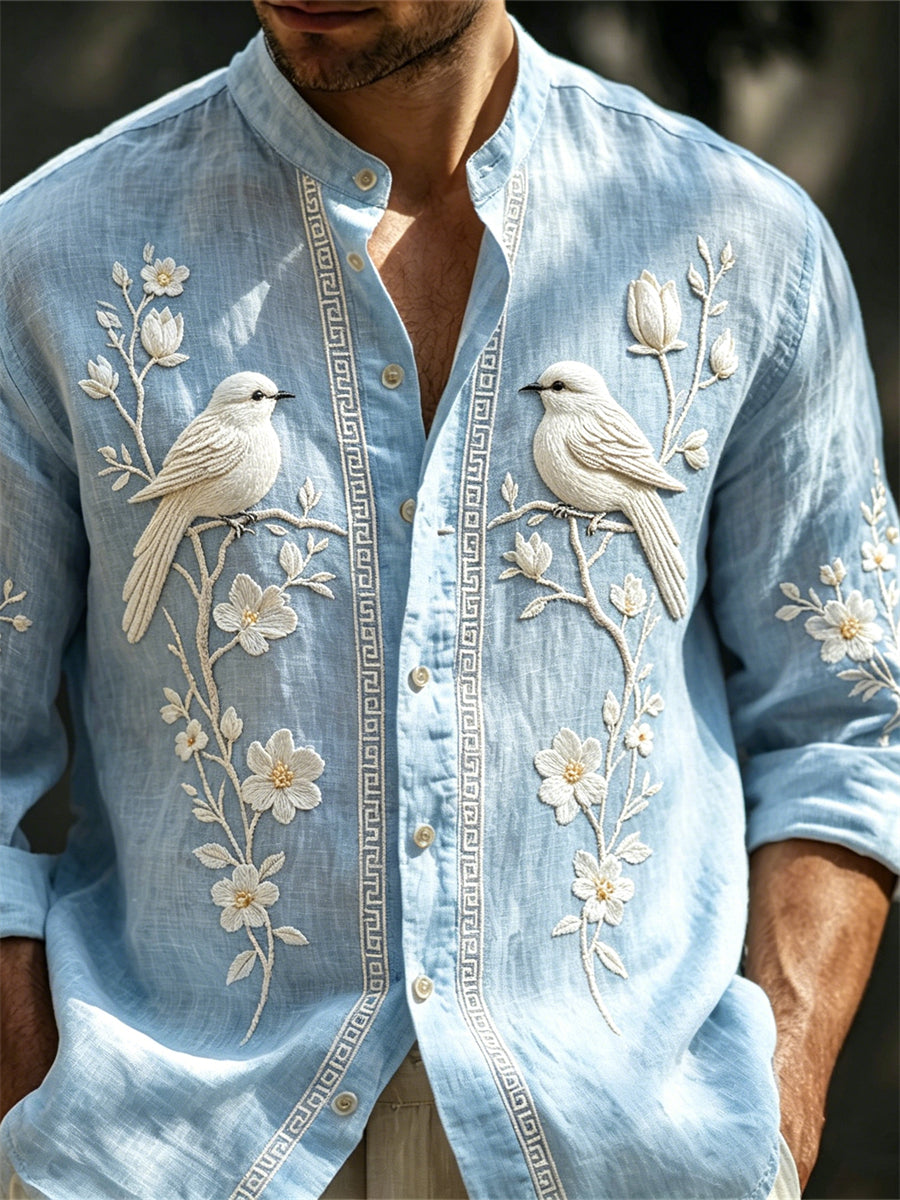 Men's Vintage Classy Birds on Floral Branch Print Comfy Shirt