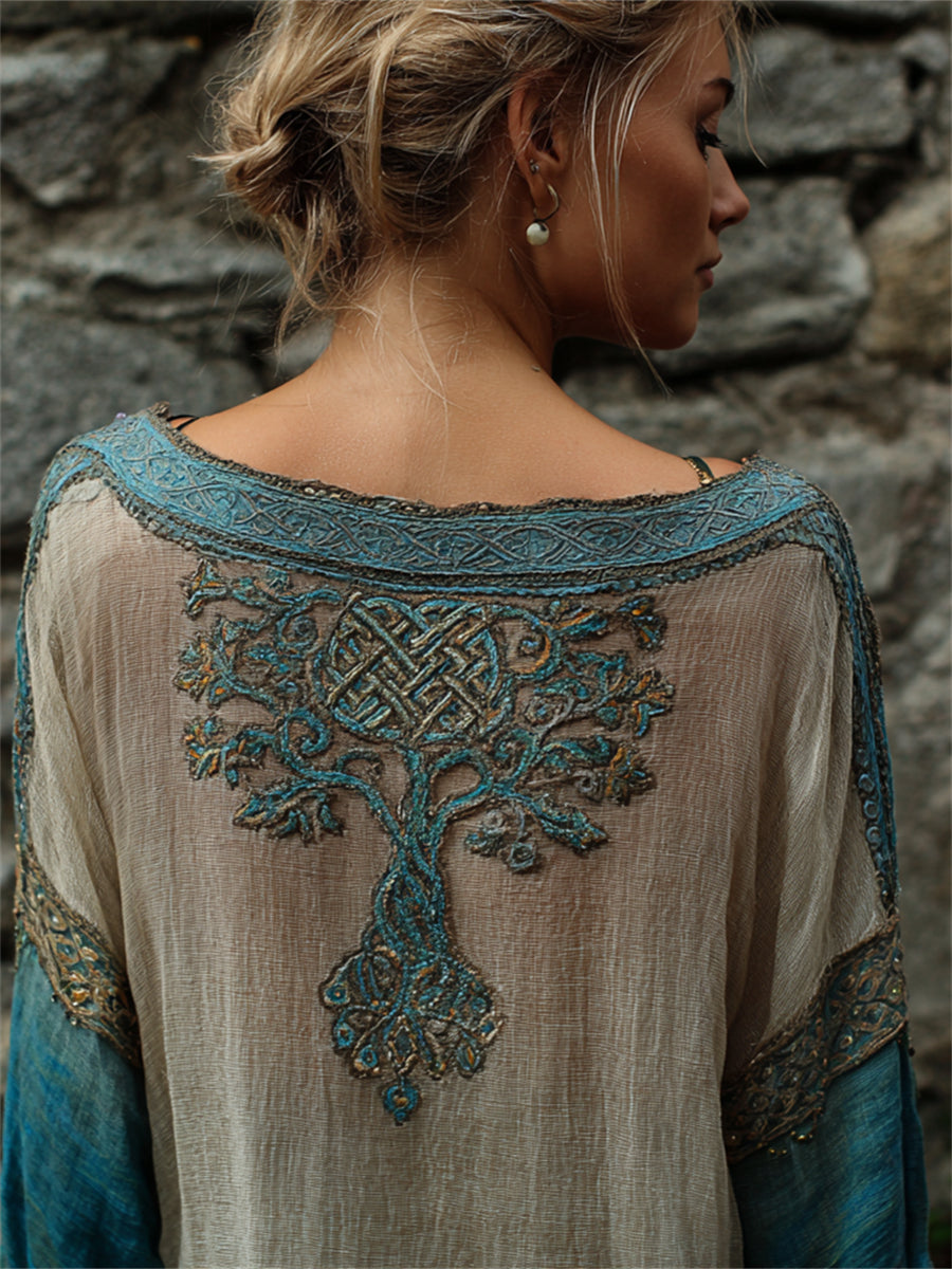 Women's Vintage Viking Celtic Knot Tree of Life Contrast Print Cotton-Linen Shirt