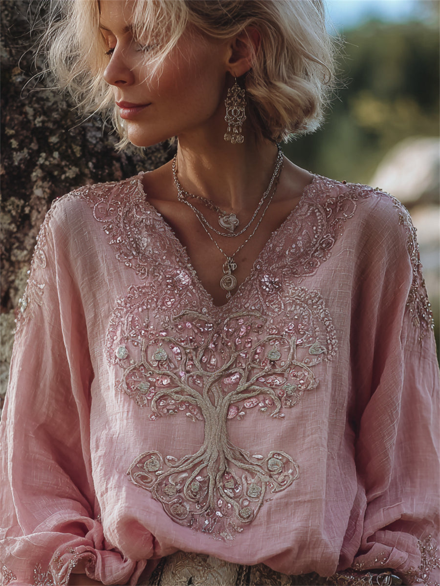 Women's Vintage Classy Tree of Life Viking Celtic Print Cotton-Linen Shirt