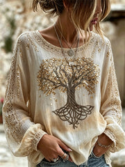Women's Classy Glitter Tree of Life Viking Print Dyed Cotton-Linen Shirt
