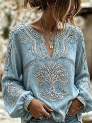 Women's Classy Viking Tree of Life Glitter Print Cotton-Linen Shirt